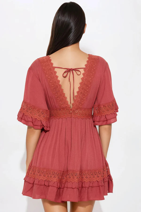 Crochet Mini Dress in Marsala