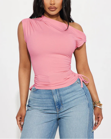 One Shoulder Drawstring Top in Pink